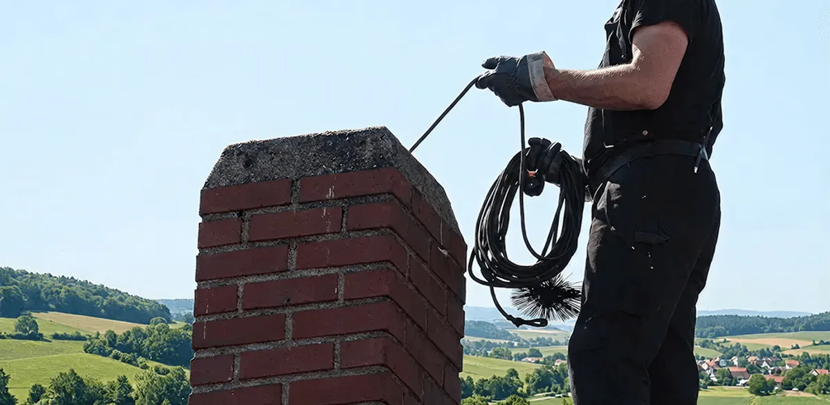Chimney sweep inspecting and cleaning a rooftop chimney in Fort Worth, TX