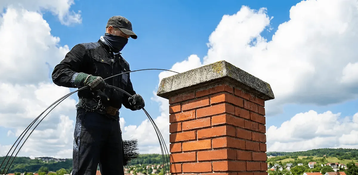 Chimney sweep cleaning a brick chimney with professional tools in Fort Worth, TX