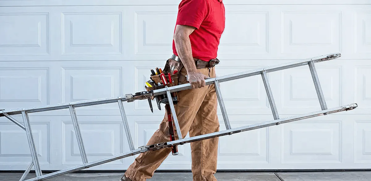 Garage door repair technician arriving with tools and ladder in Fort Worth, TX